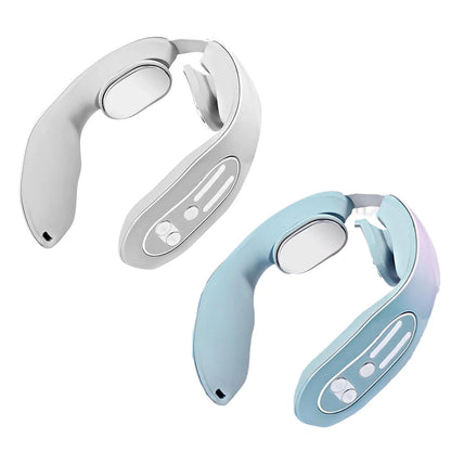 EMS Neck Massager with heat function in gradient blue, showing ergonomic design