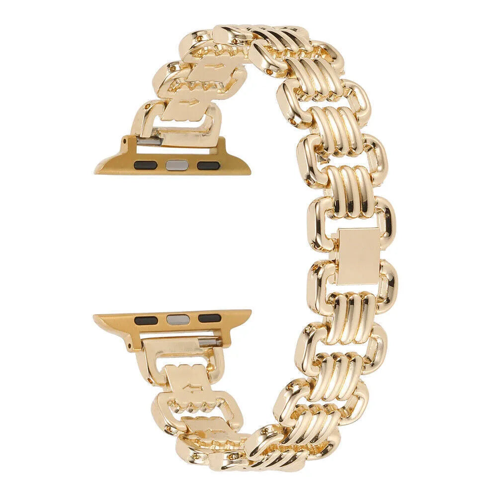 Stainless steel alloy Apple Watch band in silver, black, gold, rose gold, and starlight colours.