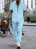 Men's casual shirt and trousers matching set in cotton blend fabric with short sleeves