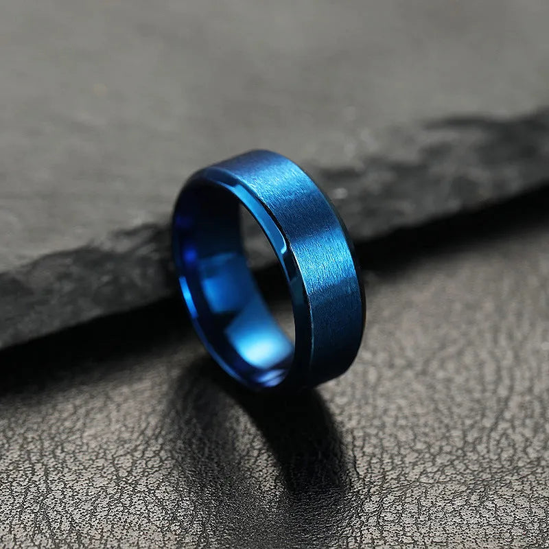 Titanium steel ring with electroplated matte finish in black, unisex geometric round design, available in sizes 6-13