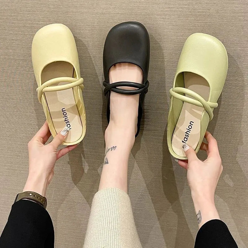 Women's plastic toe cap flip flop sandals in green, black, and beige colours on a summer background