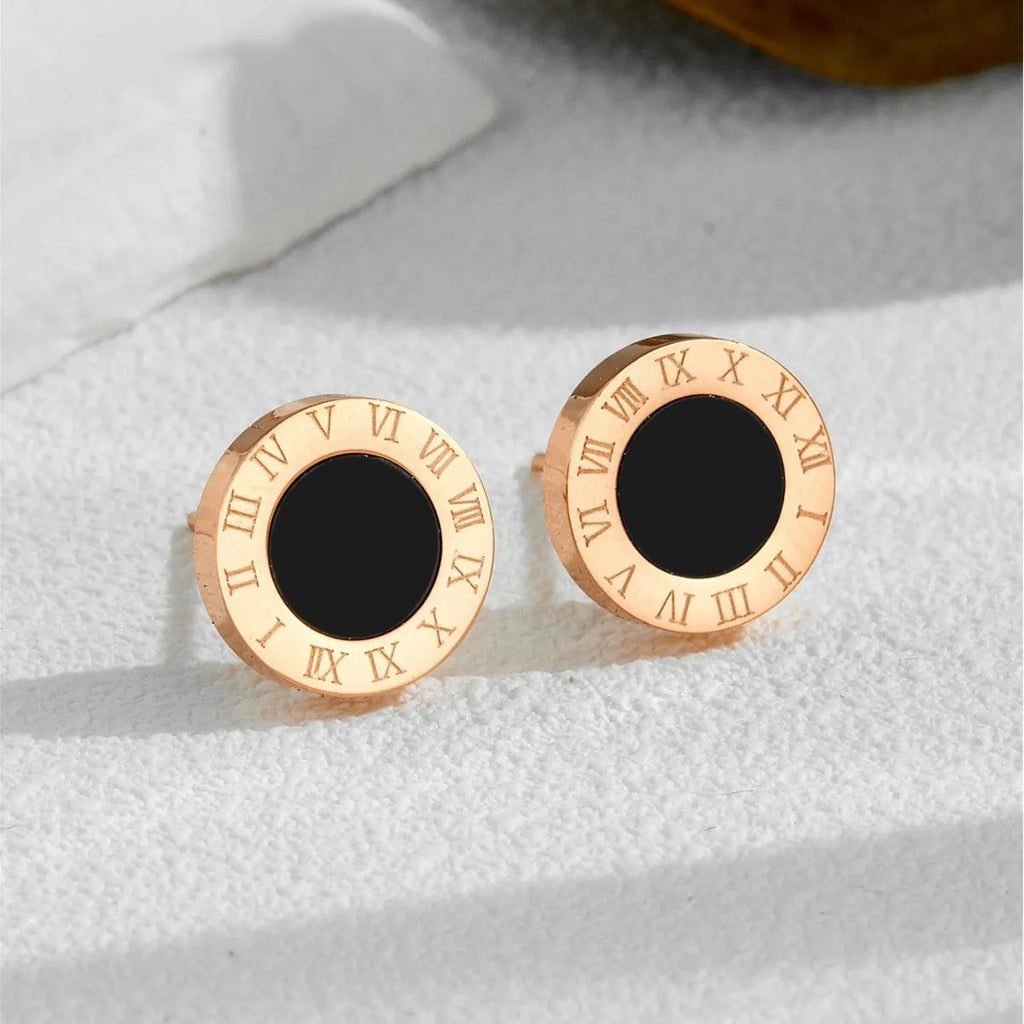 Titanium steel Roman stud earrings for men in gold finish, geometric round shape