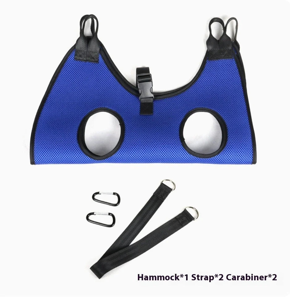 Pet Grooming Hammock Helper in blue and pink, showing size options and included accessories