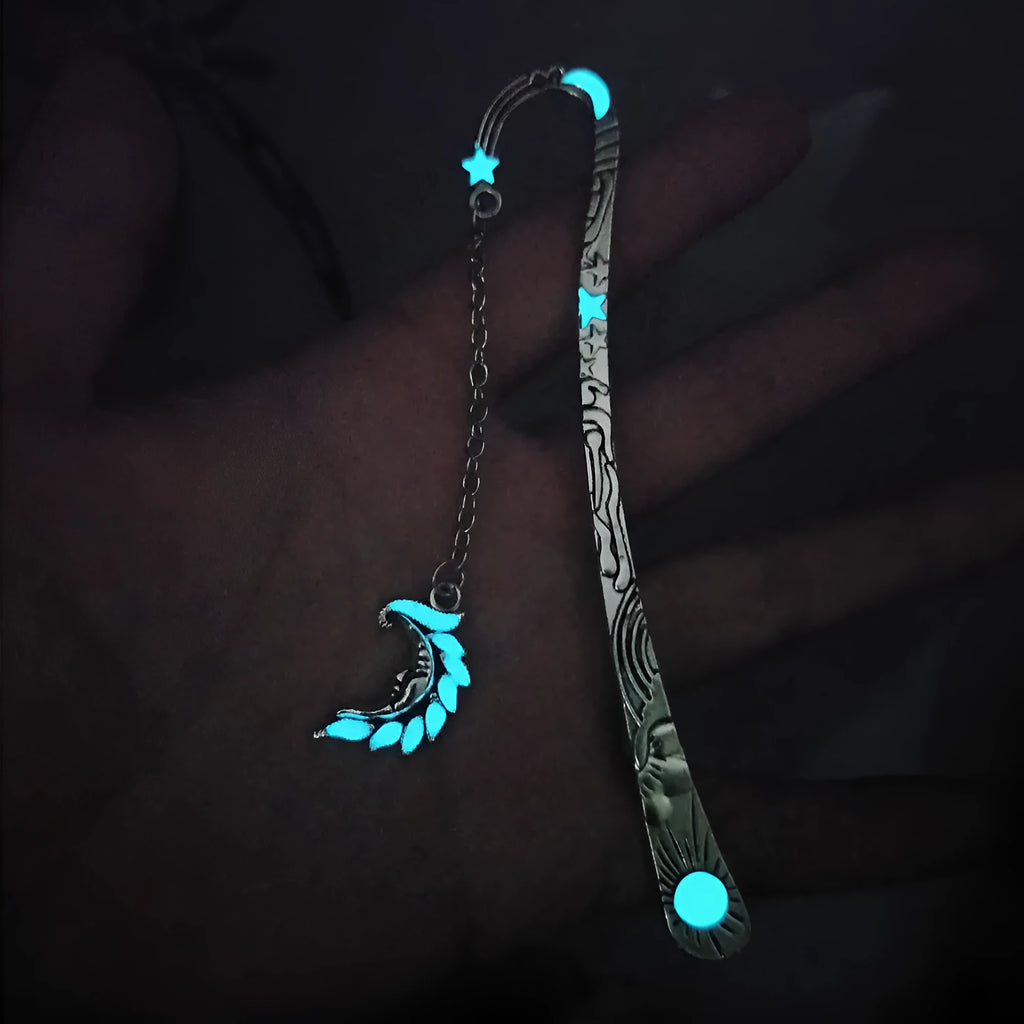 Retro celestial metal bookmark with glow-in-the-dark five-pointed star and sun moon stars design