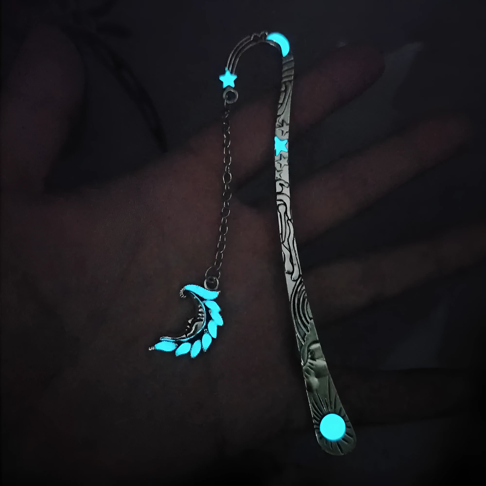 Retro celestial metal bookmark with glow-in-the-dark five-pointed star and sun moon stars design