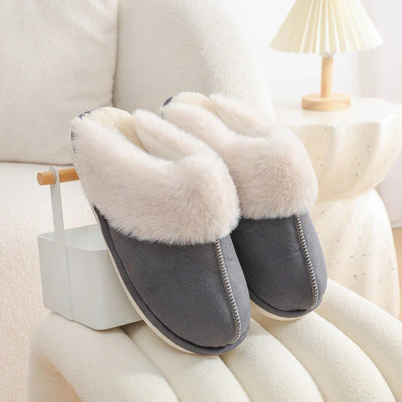 Cozy plush home slippers in a variety of colors, featuring a soft lining and non-slip sole for maximum comfort and traction