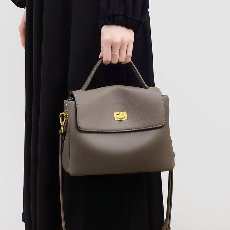 High-grade genuine leather women's bag in Gray Viney with lock and horizontal square shape for commuting
