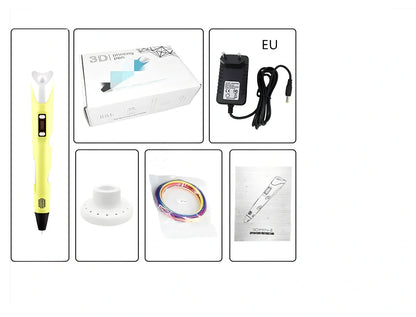 Yellow Children's 3D Printing Pen with USB, base, and 3m 3-colour consumables for three-dimensional drawing