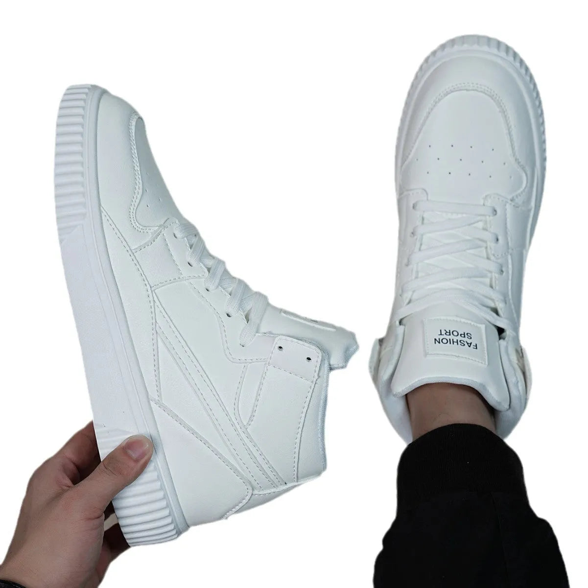 White men's casual slip-on shoes with a round toe and microfiber upper on a solid background.