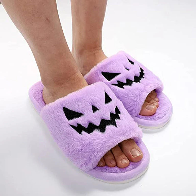 Halloween-themed women's winter slippers with rabbit fur upper in various colours
