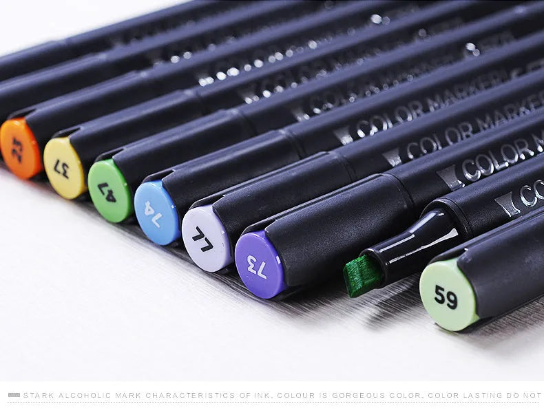 Double-headed alcohol animation paint pens with round and inclined tips in multiple colour sets