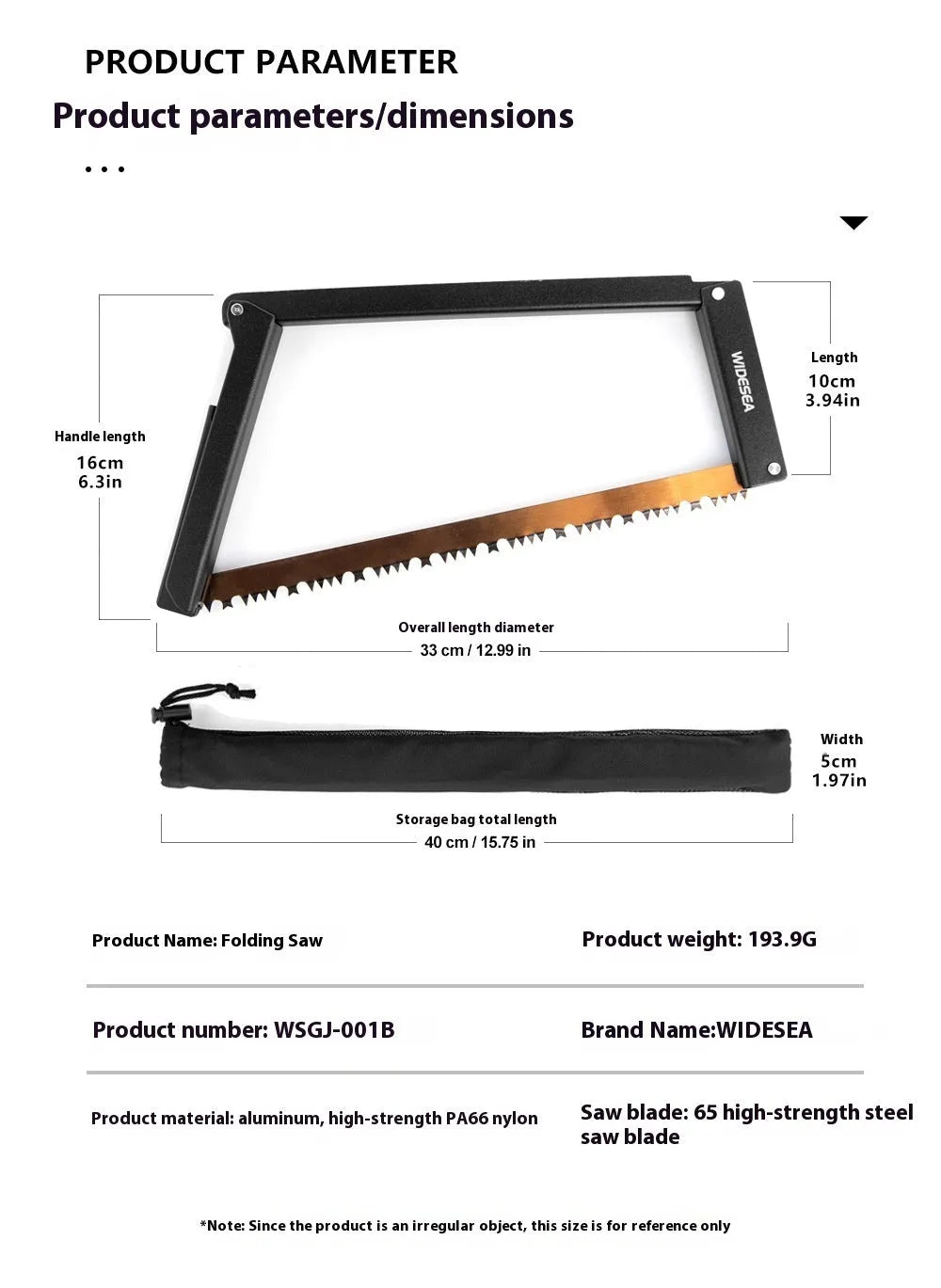 Black outdoor foldable saw with aluminium and nylon handle shown in open cutting position