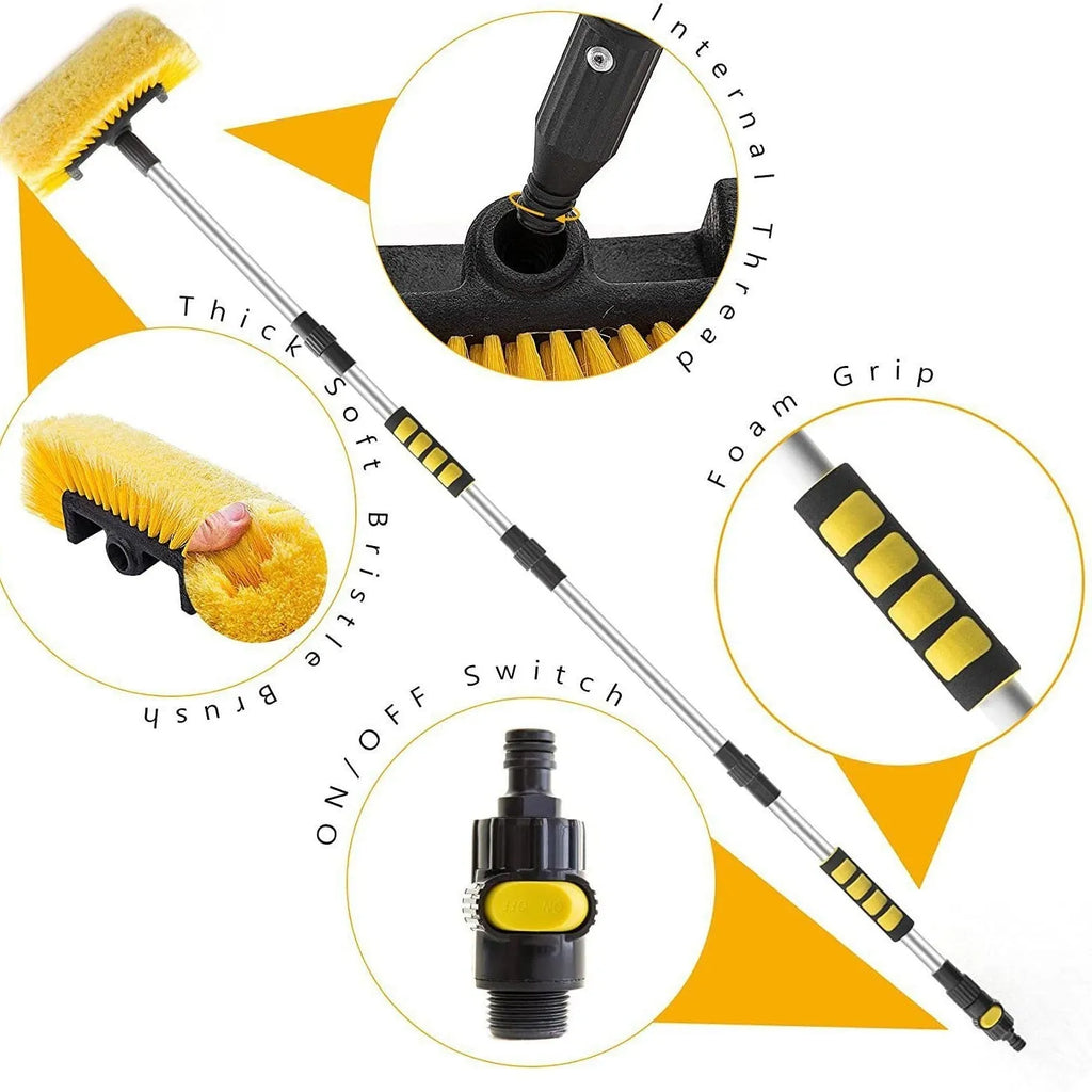 Portable yellow car wash brush with four-section extendable rod and flow-through brush head.