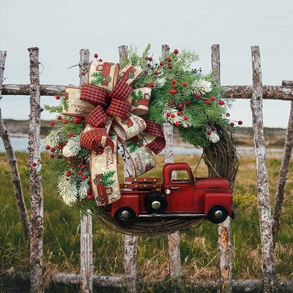 Wooden red truck Christmas garland with pumpkin accents for festive holiday decor