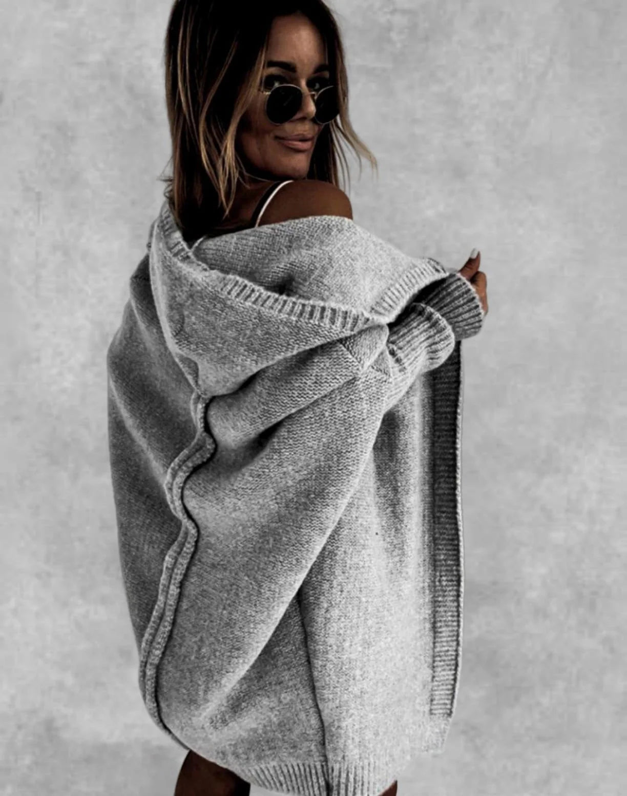 Oversized bat sleeve hooded cardigan in sheep wool blend, available in multiple colours