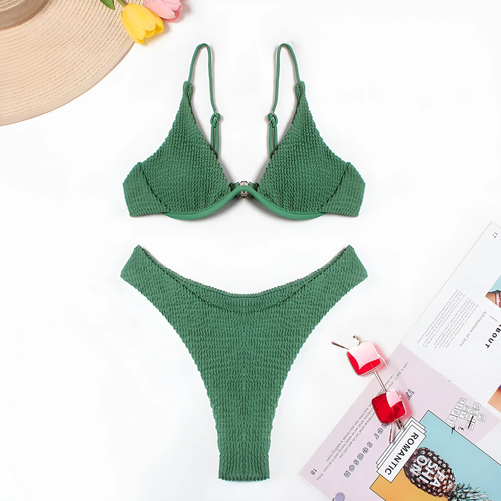 Women's green bikini suit with ruffle split detail on quick-drying polyester fabric