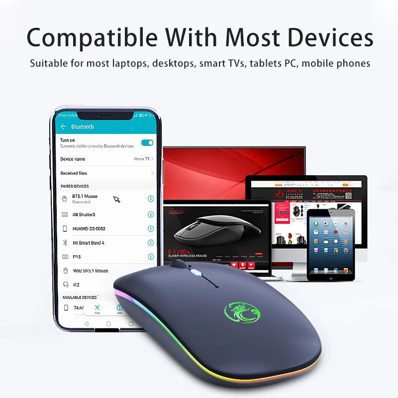 Black and white luminous charging Bluetooth dual-mode wireless silent mouse on a desk.
