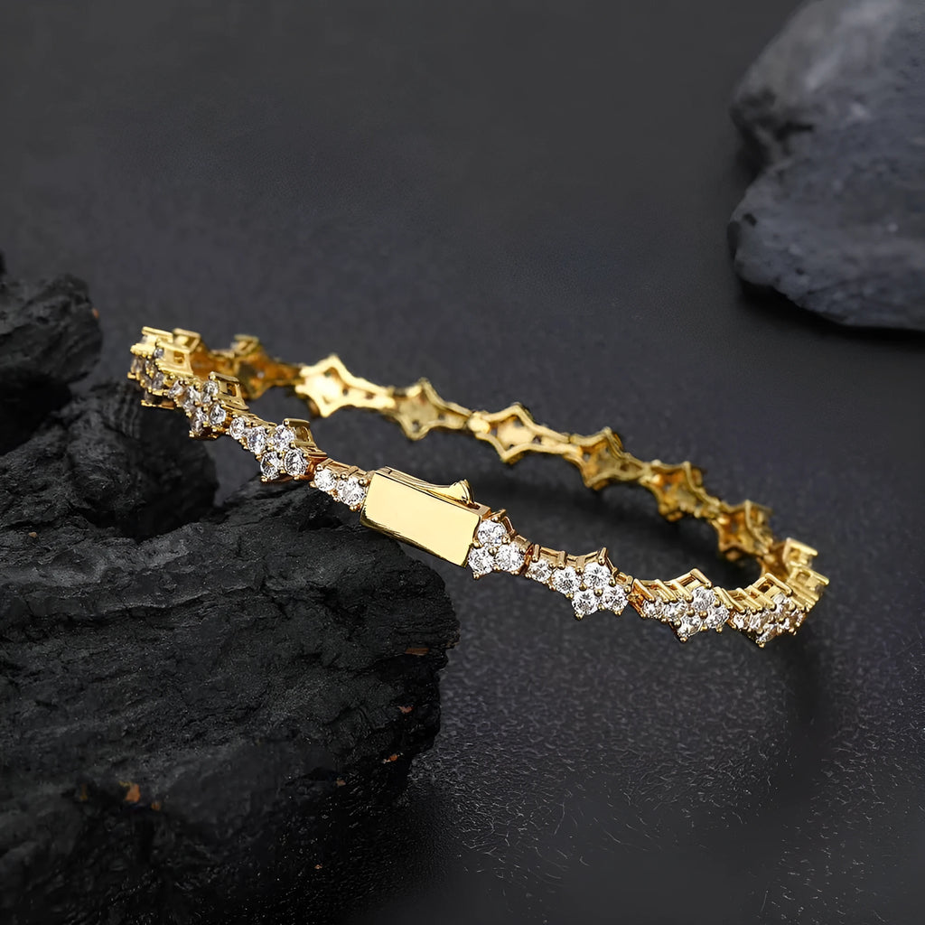 Spring fastener bracelet with inlaid zircon, 6.5mm wide copper chain, gold finish, unisex hip hop style