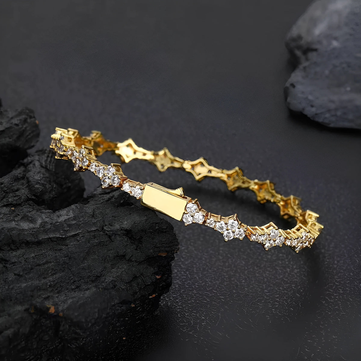 Spring fastener bracelet with inlaid zircon, 6.5mm wide copper chain, gold finish, unisex hip hop style