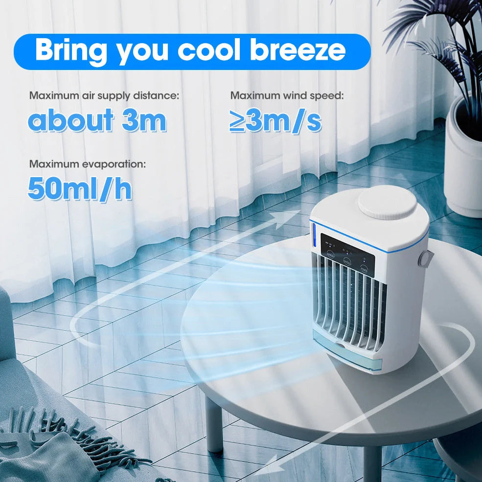 Compact white USB mini air cooler with humidification spray function and control button