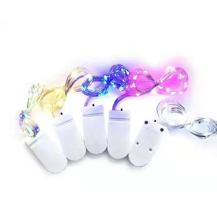 LED button light string with copper wire and battery box showing 20 lights along 2 metre length