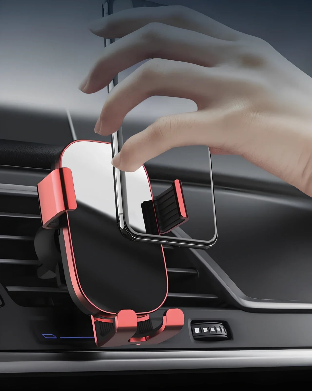 Black sucker car phone holder mounted on dashboard with phone clamped, showing suction base and USB cable, 12cm height