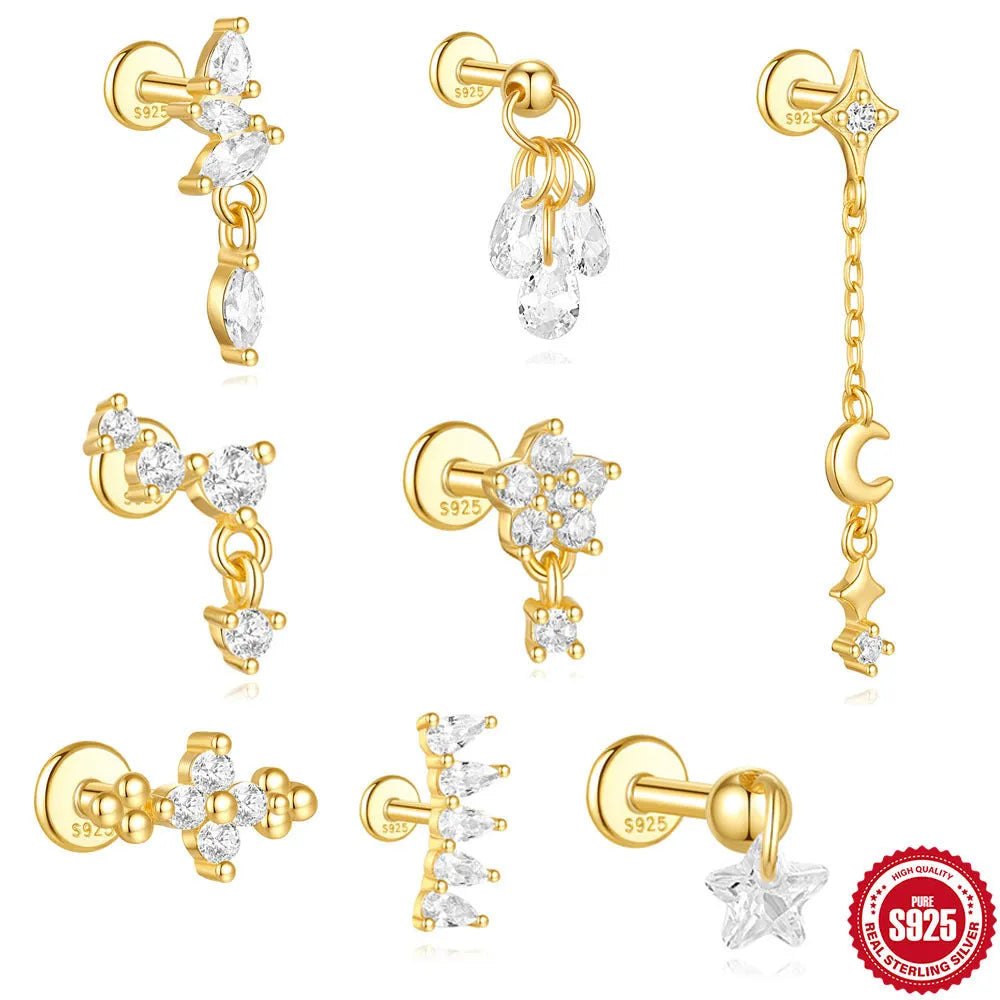 S925 sterling silver moon diamond embedded star geometric earrings in single gold colour