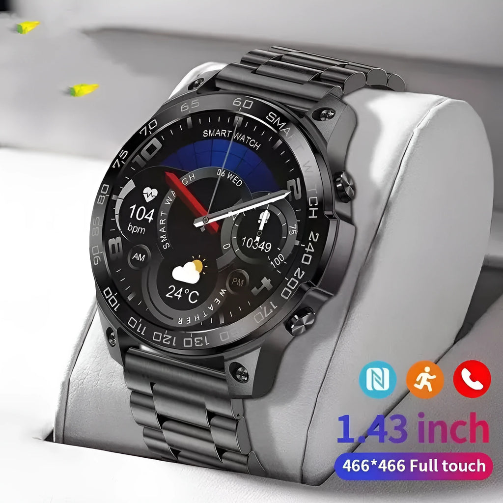 Round dial sports watch with silicone strap showing always-on AMOLED display with fitness metrics