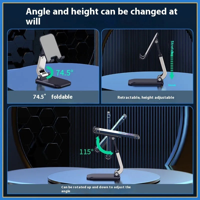 Q7 weighted portable folding desktop stand in four colour options holding mobile phone