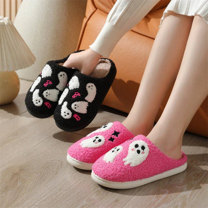 Cozy Halloween cartoon ghost slippers with soft cotton construction and non-slip soles for indoor wear