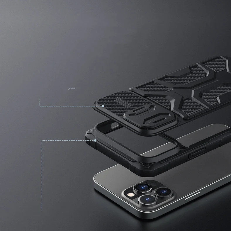 Black TPU+PC iPhone 13 protective case showing reinforced corners and precise port cutouts