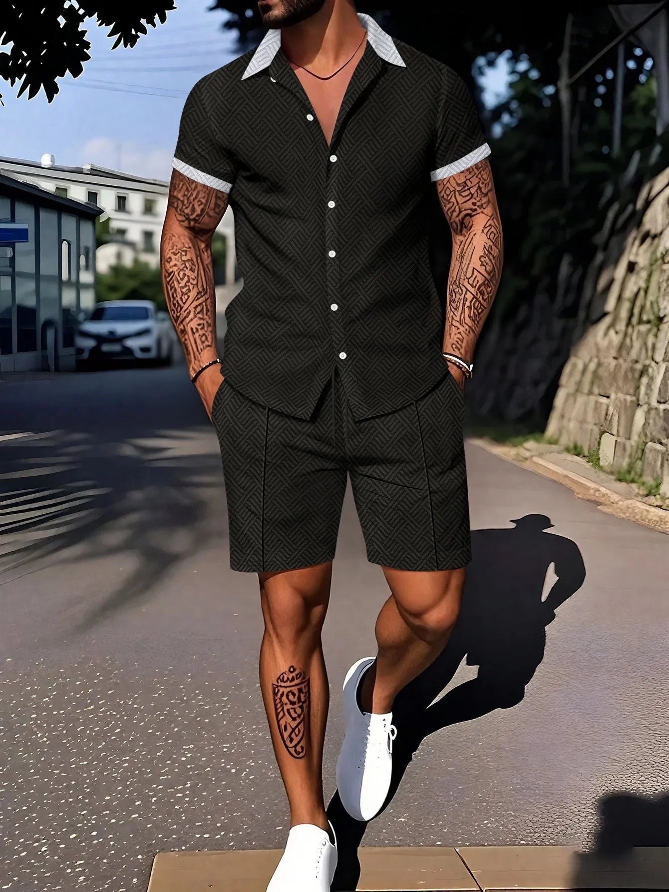 Men's digital print casual short sleeve suit set with matching shorts in beige colour
