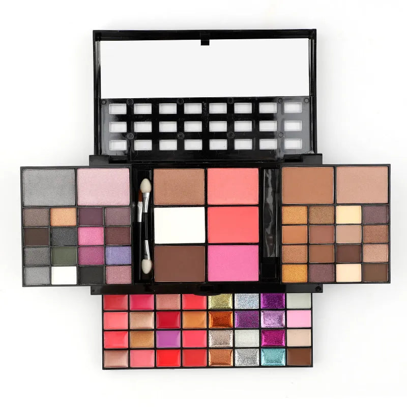 74 colour makeup palette with four layers, a mirror, and included brushes for eyeshadow, lip, and contour.