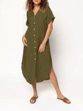 Loose fit solid colour midi dress with button fastening on a hanger.
