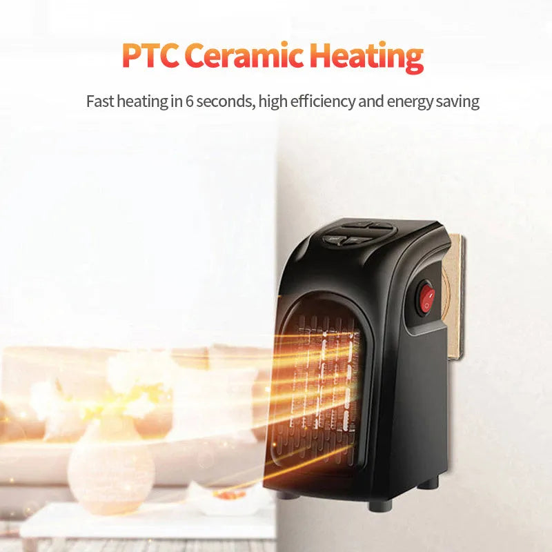 Compact black ceramic fan heater with rotatable EU plug on a desk