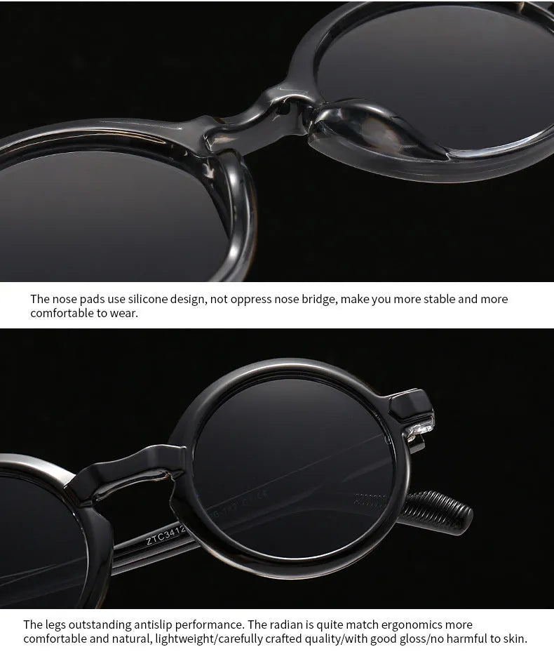 European American retro artistic round sunglasses with black frame and gray lenses, full-frame plastic design