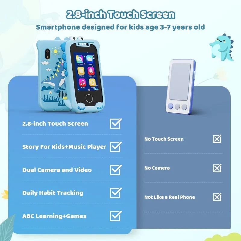 Blue educational touchscreen toy phone for children with camera, video, and game functions