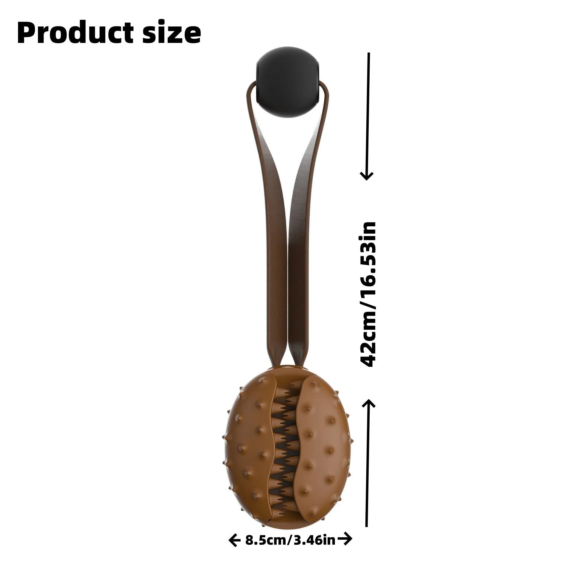 Brown coffee bean shaped TPR dog chew toy with rope knot and multiple holes