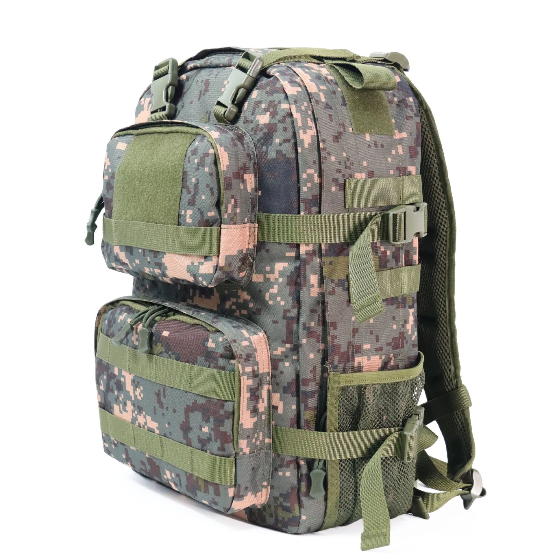 Camouflage pattern waterproof outdoor rucksack with dimensions 30x15x46cm showing air pillow belt system