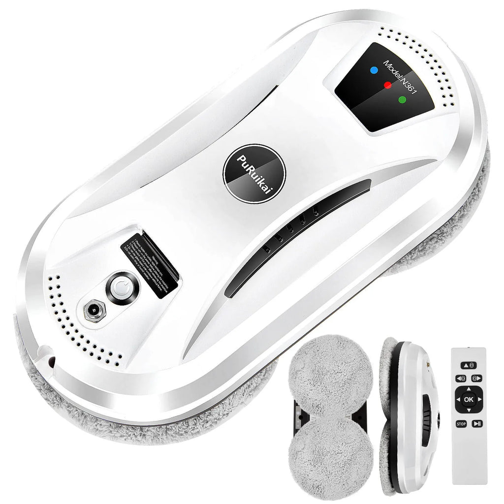 White automatic window cleaning robot HCR-02 with remote control, 28cm long, on a glass surface