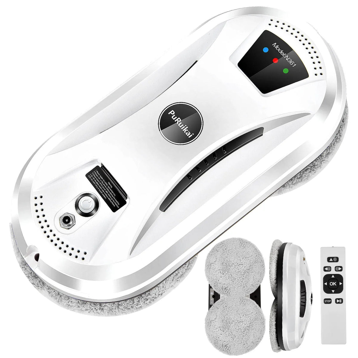 White automatic window cleaning robot HCR-02 with remote control, 28cm long, on a glass surface