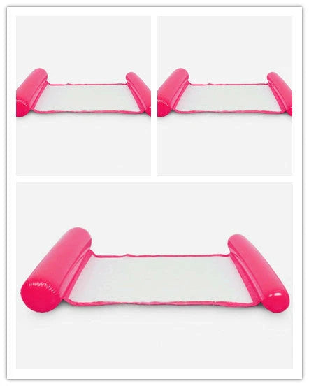 Inflatable water lounge chair in blue, floating in pool with hammock design visible