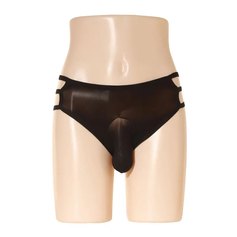 Men's transparent nylon shorts with an elephant trunk design shown in multiple colour options.