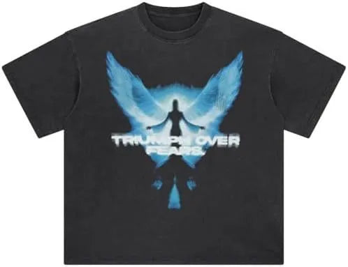 Men's black retro t-shirt with cartoon digital print showing loose fit and short sleeve design