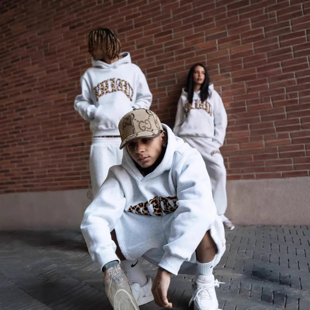 Leopard print letter embroidery street casual trousers and hoodie three-piece set in light gray polyester with pocket detailing, regular fit for unisex