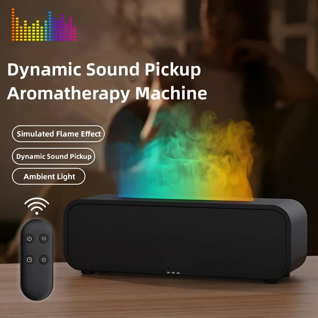 Black and white aroma diffuser with remote control showing colour-changing flame light effect