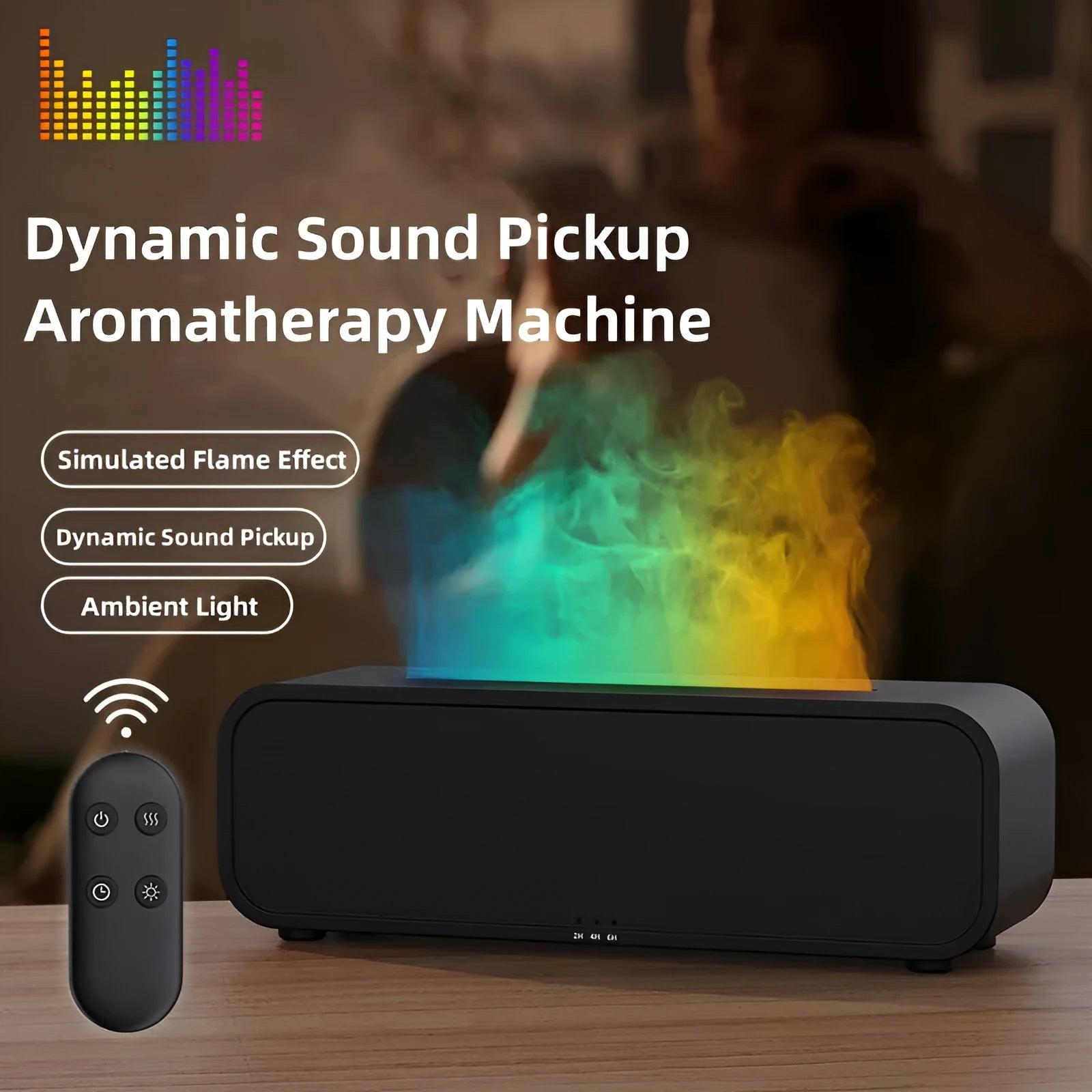 Black and white aroma diffuser with remote control showing colour-changing flame light effect