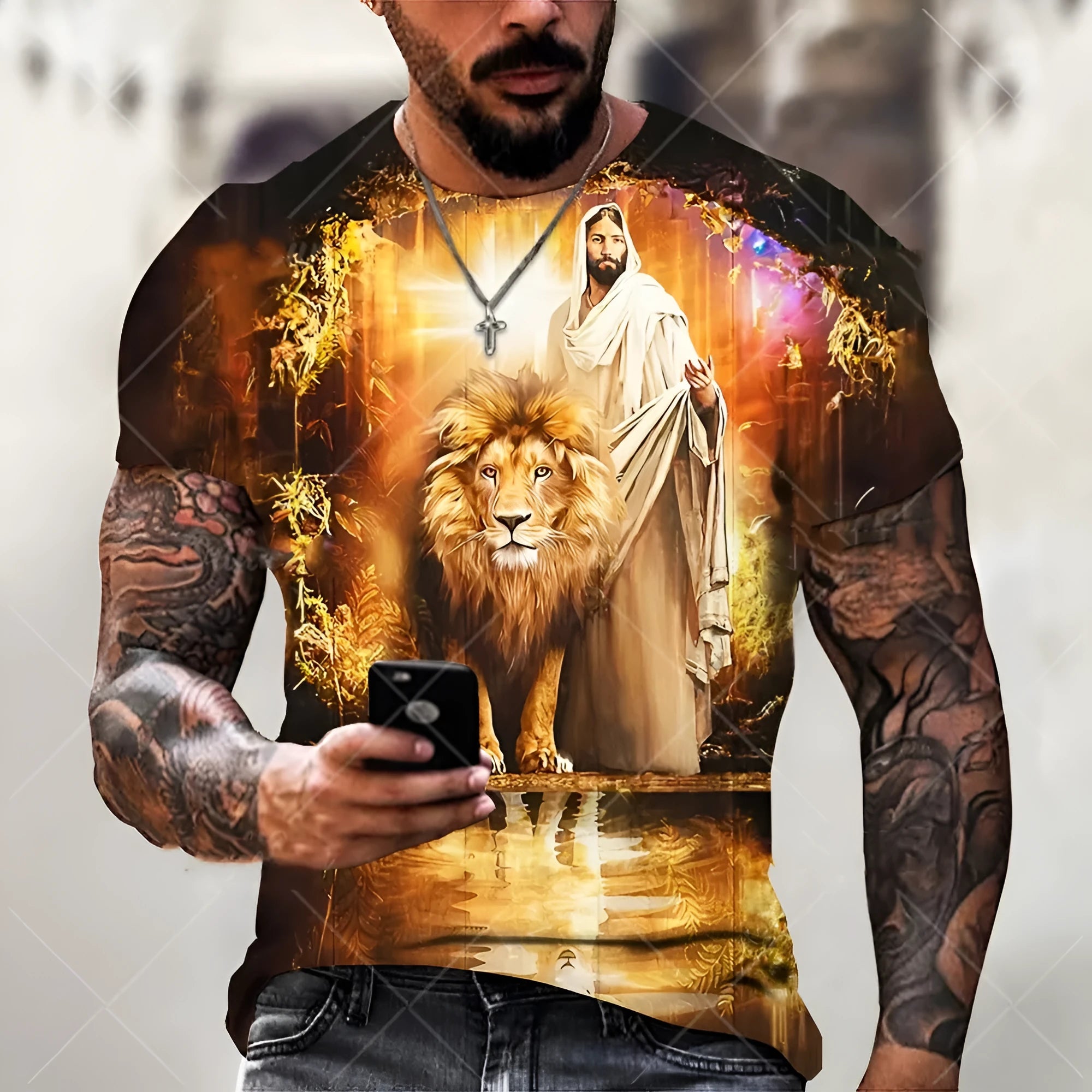 Men's 3D printed Jesus pattern T-shirt in quick-drying polyester fabric.