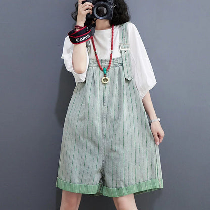 Striped denim overalls shorts with adjustable straps, high waist, and wide legs