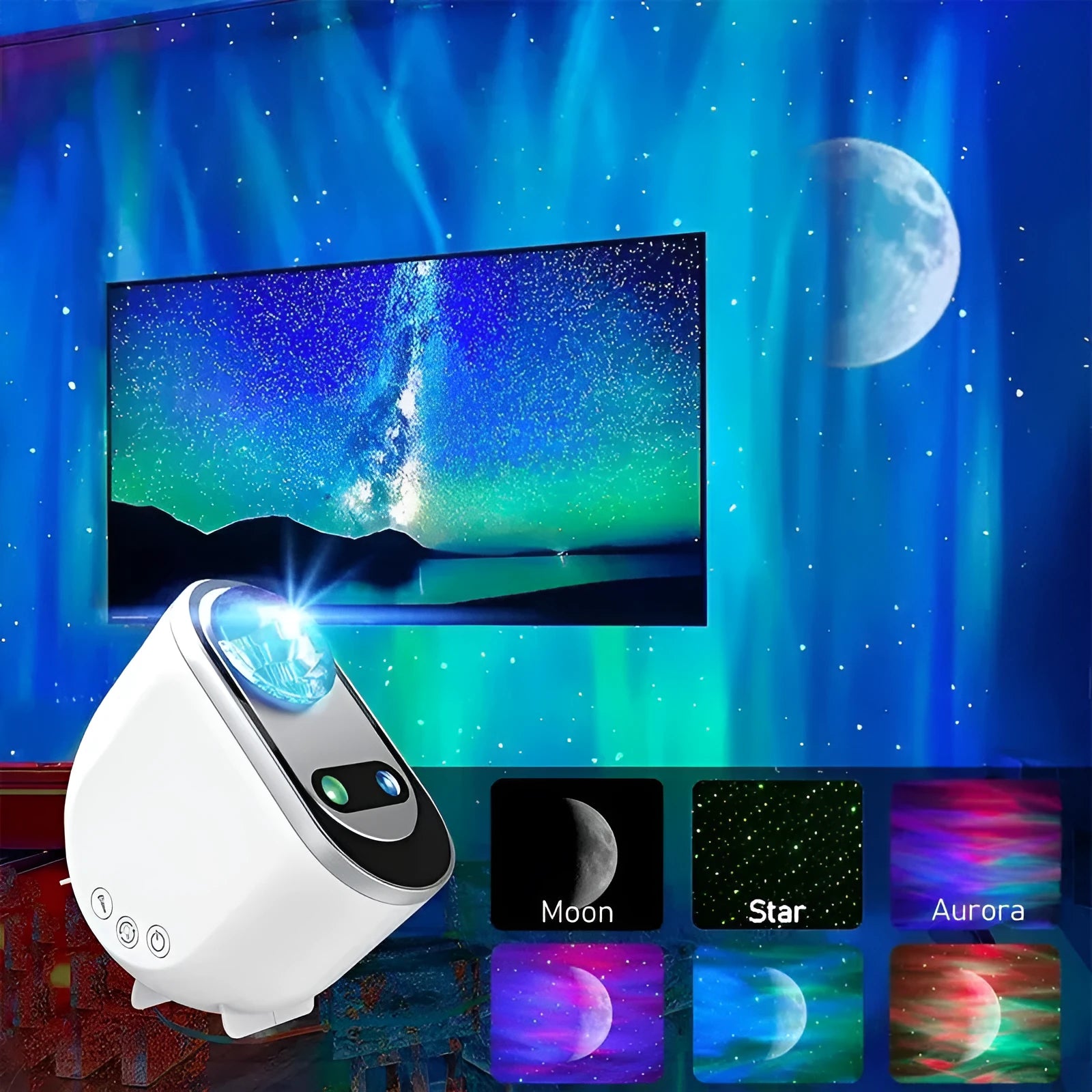 White ABS aurora borealis galaxy star projector with remote control displaying Northern Lights projection